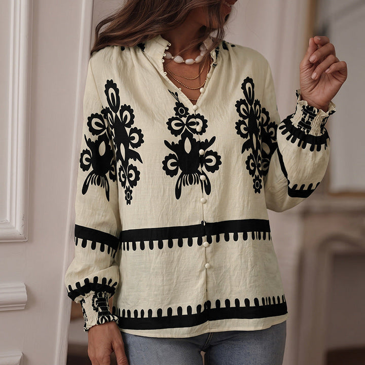 Blusa de manga comprida para senhora, com decote em V e botões