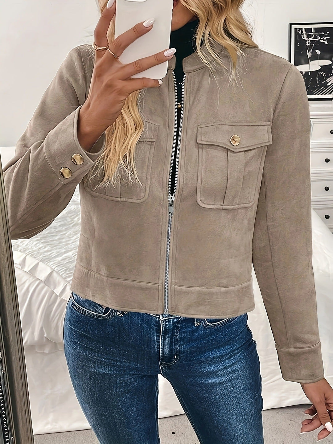 Veste courte pour femme avec poches à rabat et fermeture éclair