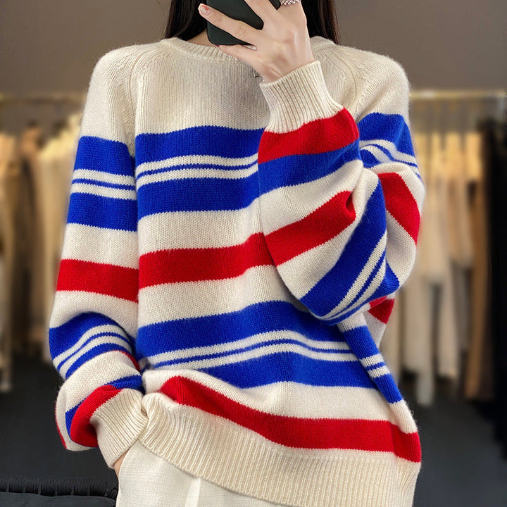 Camisola oversized de senhora com riscas e gola redonda