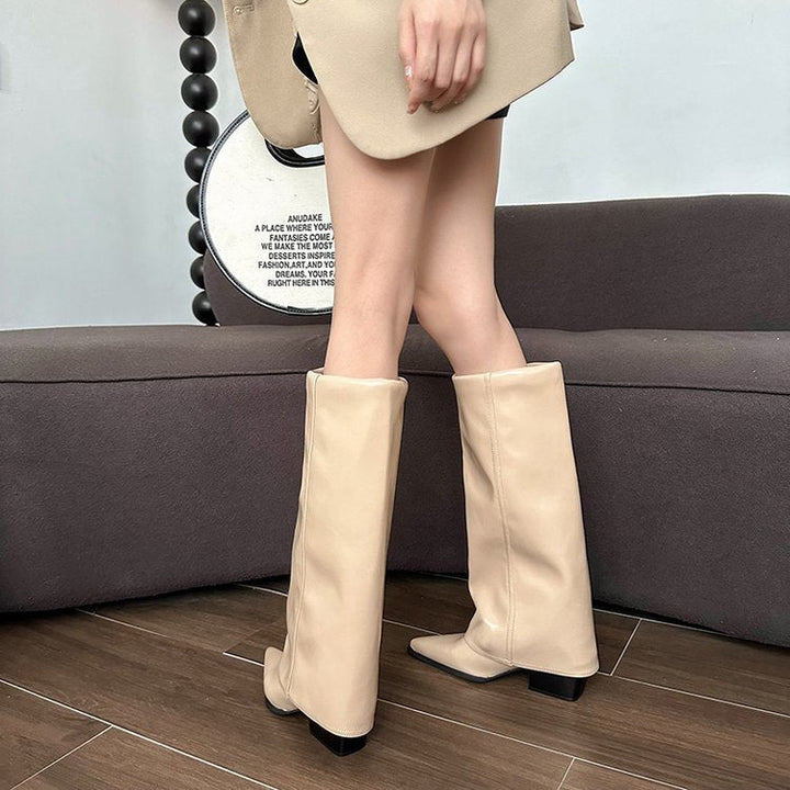 Women's brown boots with a block heel and modern cut
