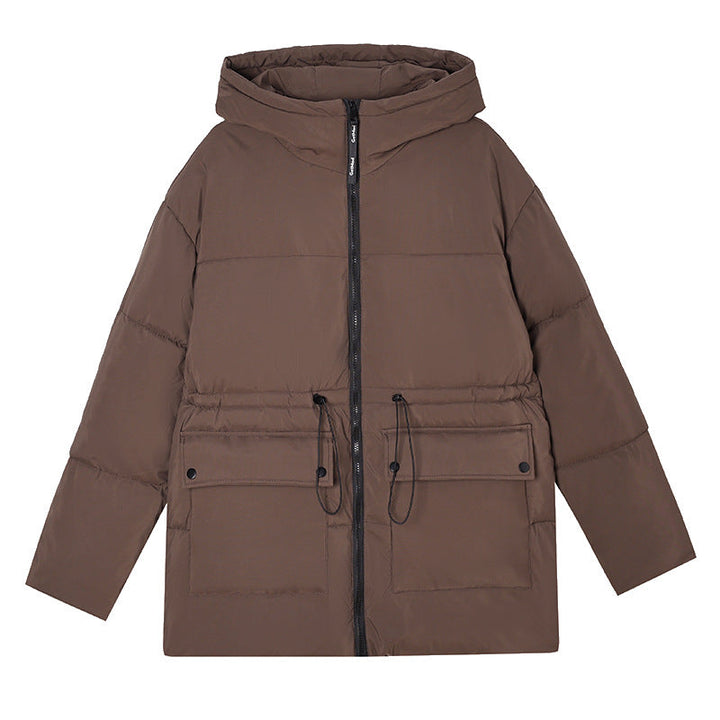Damen mittellanger Thermoparka mit taillierendem Tunnelzug und Kapuze