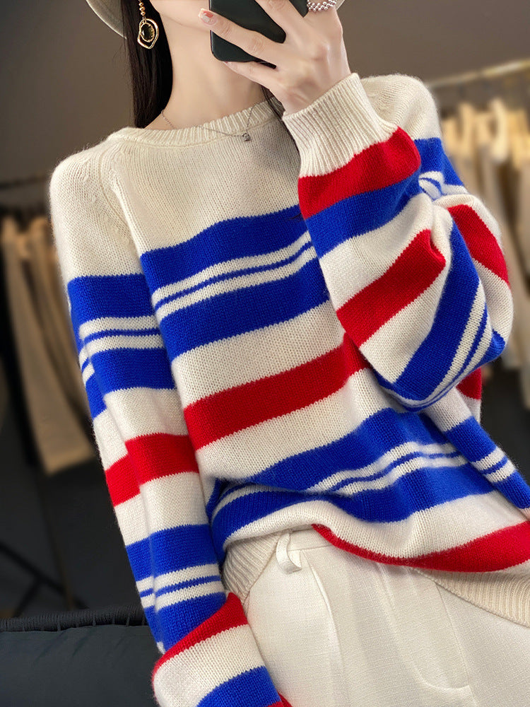 Camisola oversized de senhora com riscas e gola redonda