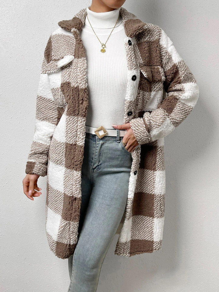 Damen Langmantel mit Karomuster und Taschen
