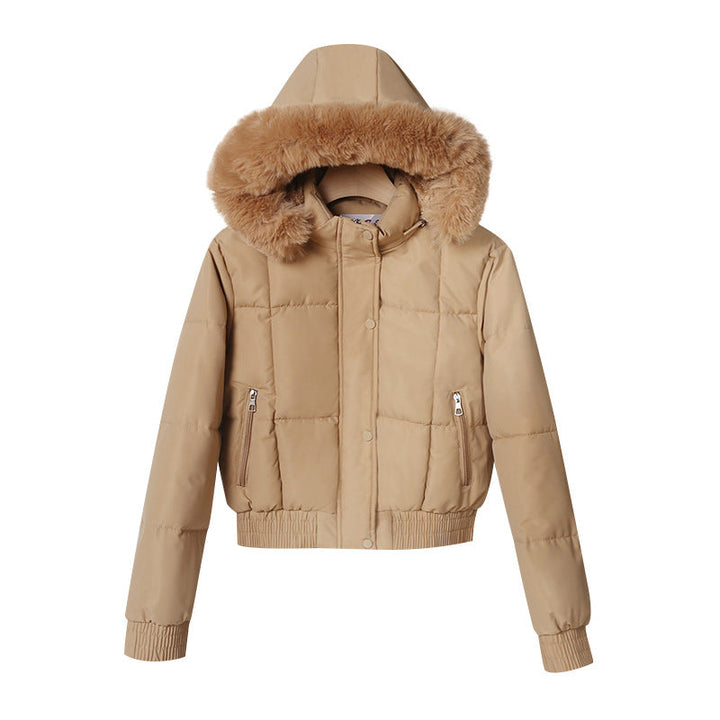 Damen kurzer isolierender Kapuzenblouson mit Pelzkragenblende und elastischem Rippsaum