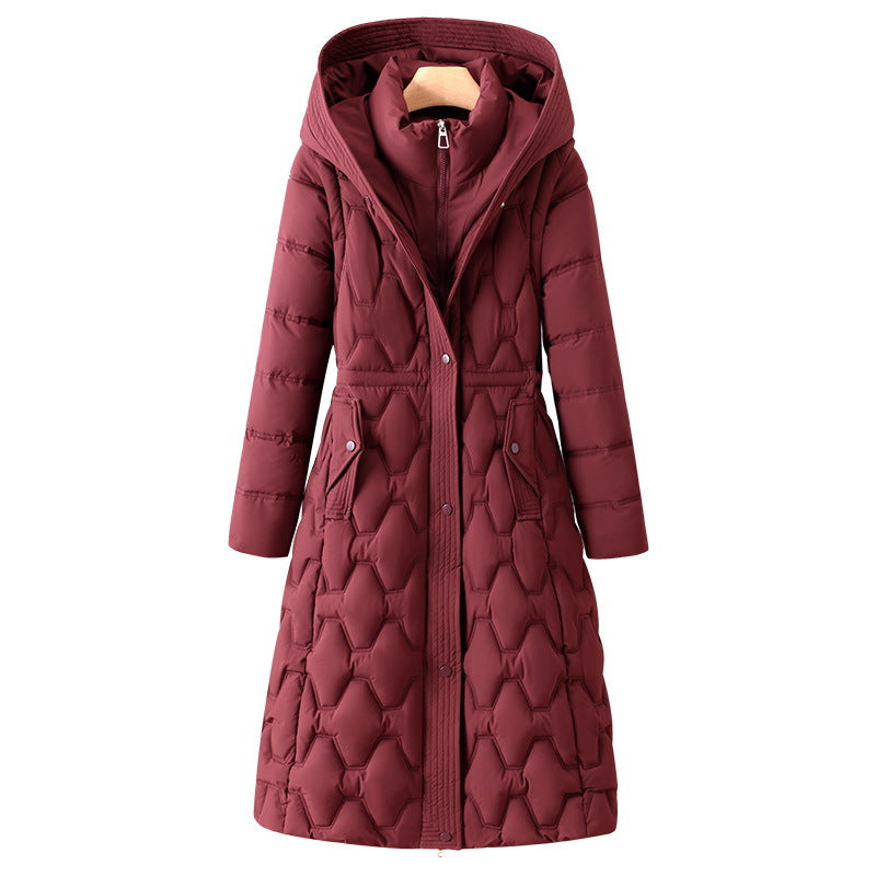 Casaco de inverno comprido acolchoado para senhora, com capuz e silhueta cintada