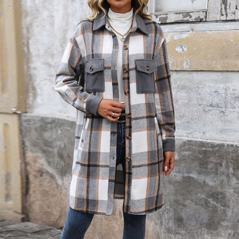 Damen Hemdjacke mit Karomuster, Taschen und Knöpfen, Langarm