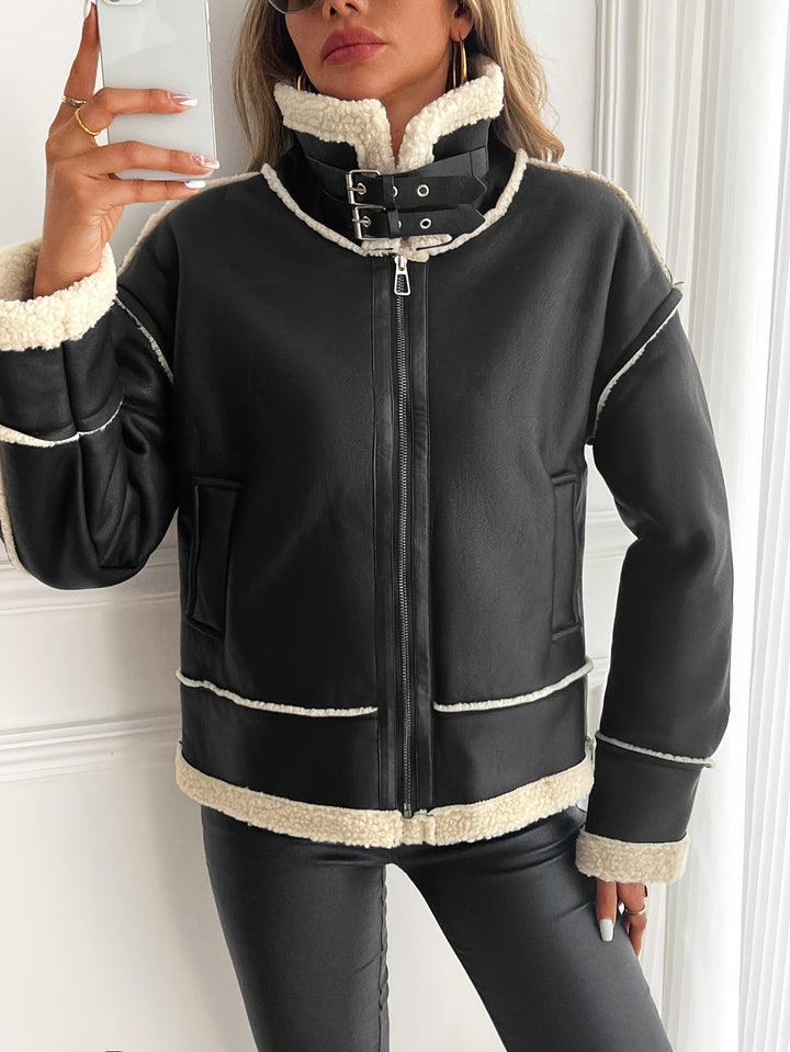 Damen Kunstlederjacke mit Teddyfutter und Reißverschluss