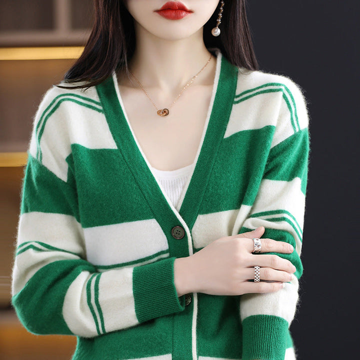 Cardigan midi da donna a blocchi di colore, con scollo a V e maniche lunghe