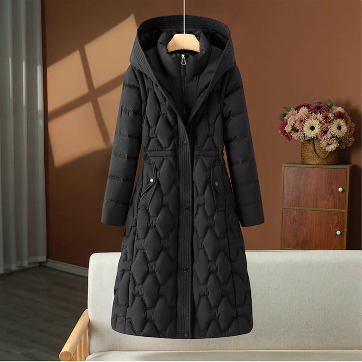 Casaco de inverno comprido acolchoado para senhora, com capuz e silhueta cintada