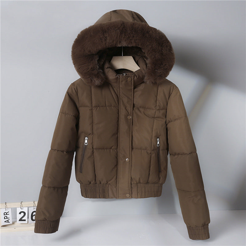 Damen kurzer isolierender Kapuzenblouson mit Pelzkragenblende und elastischem Rippsaum