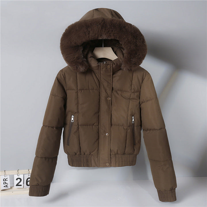 Damen kurzer isolierender Kapuzenblouson mit Pelzkragenblende und elastischem Rippsaum