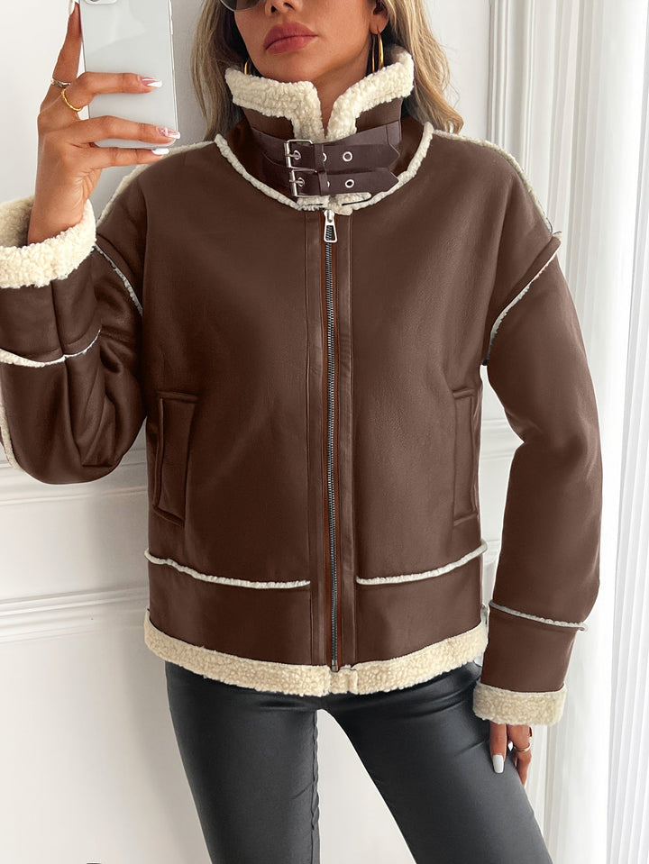 Damen Kunstlederjacke mit Teddyfutter und Reißverschluss
