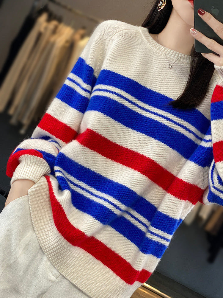 Camisola oversized de senhora com riscas e gola redonda
