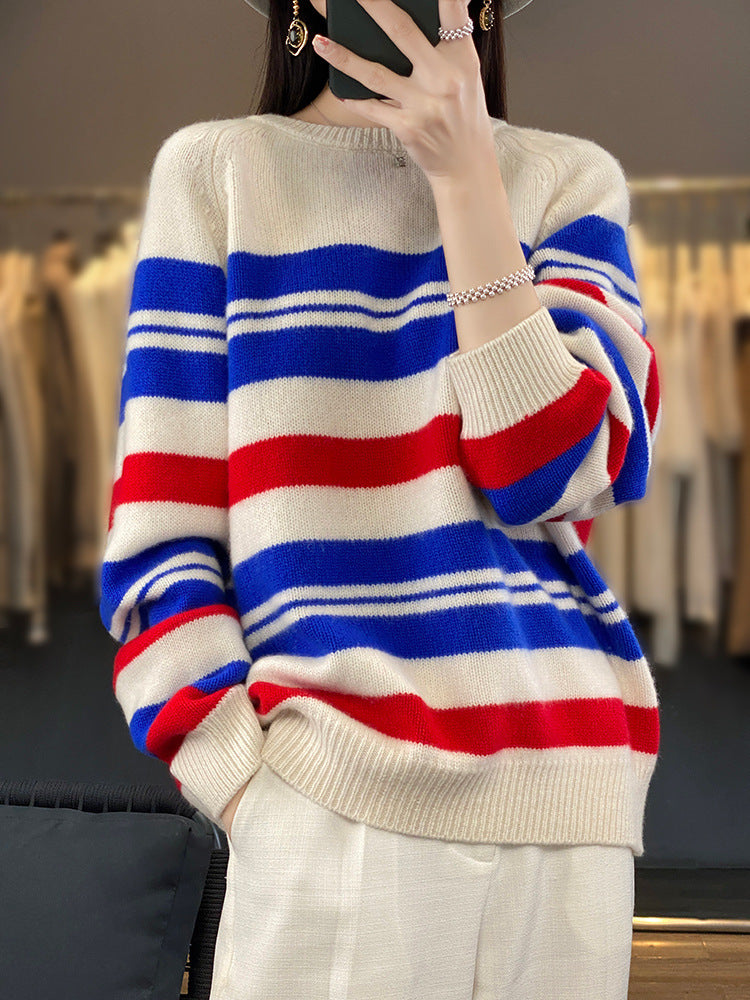 Camisola oversized de senhora com riscas e gola redonda