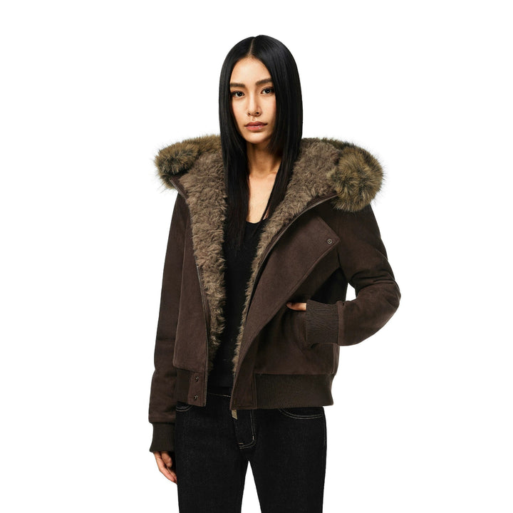 Damen kurze Bomberjacke mit voluminöser Kapuze und Daumenlochbündchen