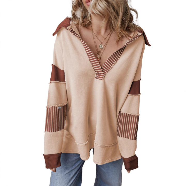 Damen Oversized V-Ausschnitt Gestreifter Sweatshirt
