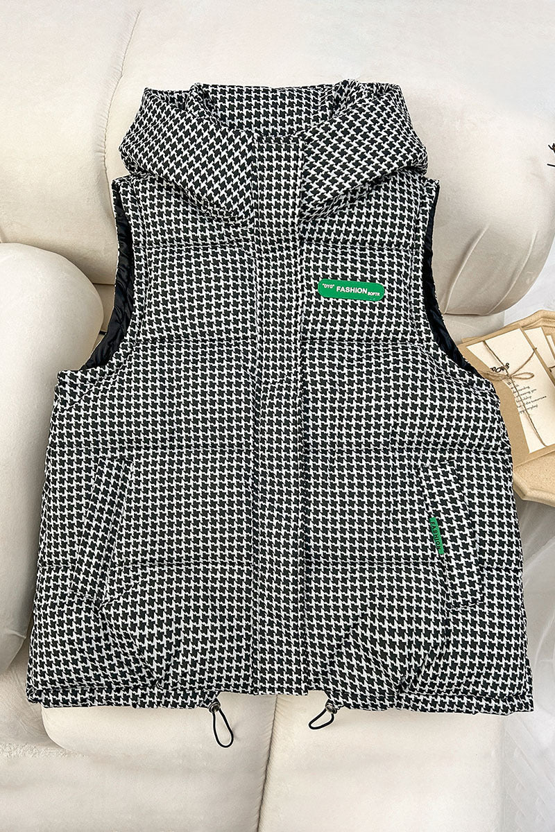 Women's quilted hooded vest with all-over logo print, padded insulation, and adjustable hem