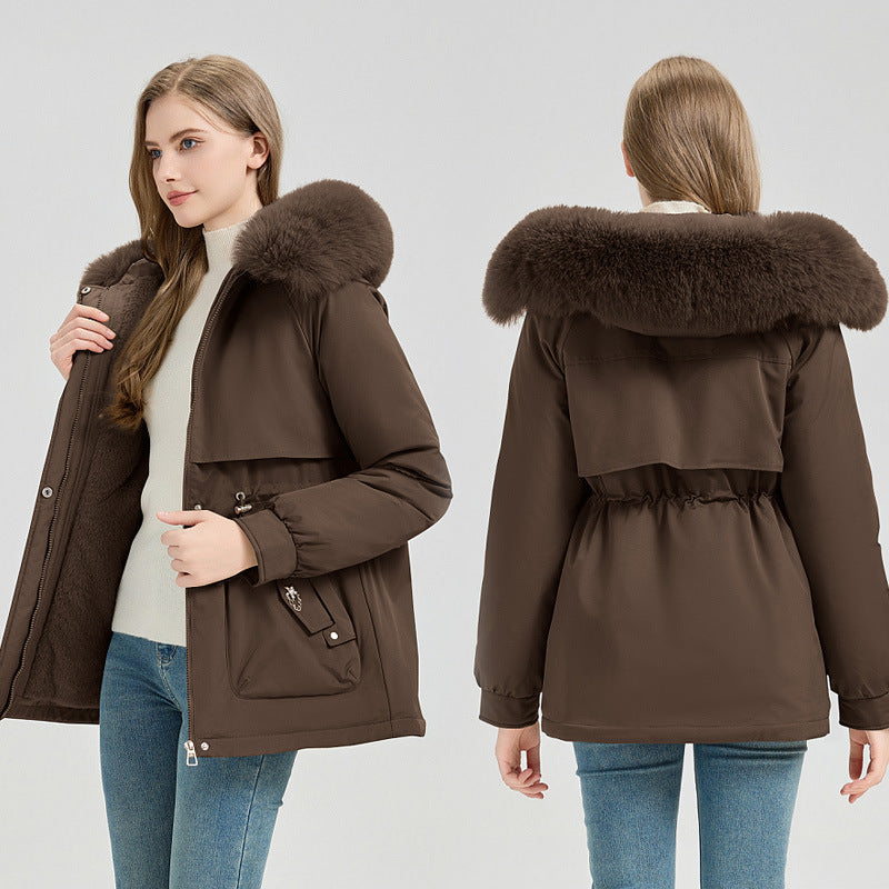 Cappotto corto da donna, sportivo e urbano, con cappuccio in pelliccia sintetica e coulisse