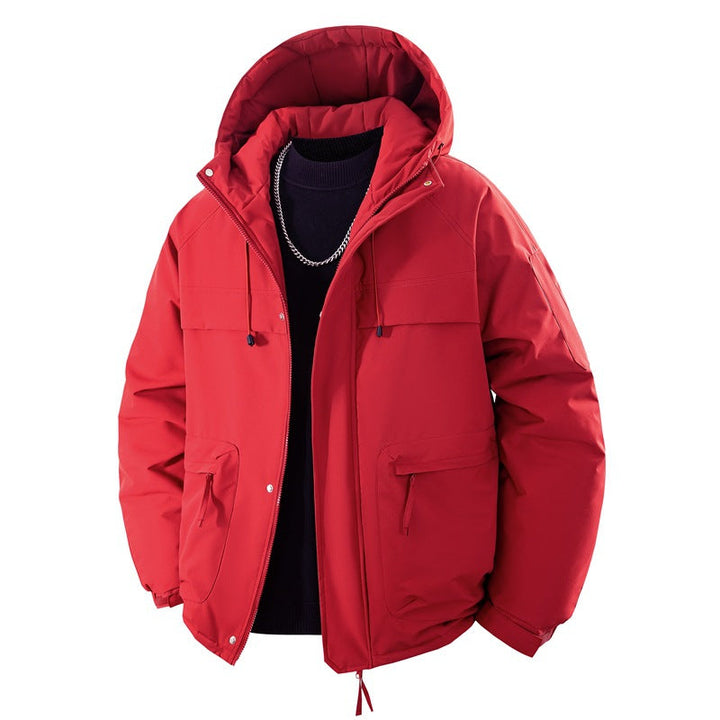 Men’s padded hooded parka with a high stand-up collar and adjustable drawstring