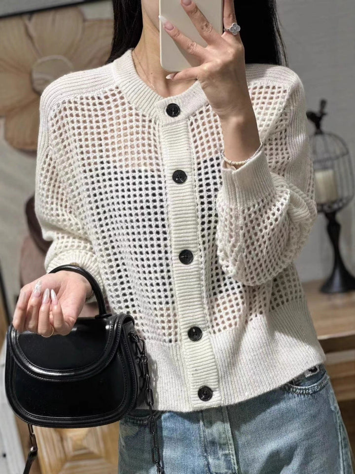 Cardigan da donna in mesh con scollo rotondo, abbottonatura e maniche lunghe
