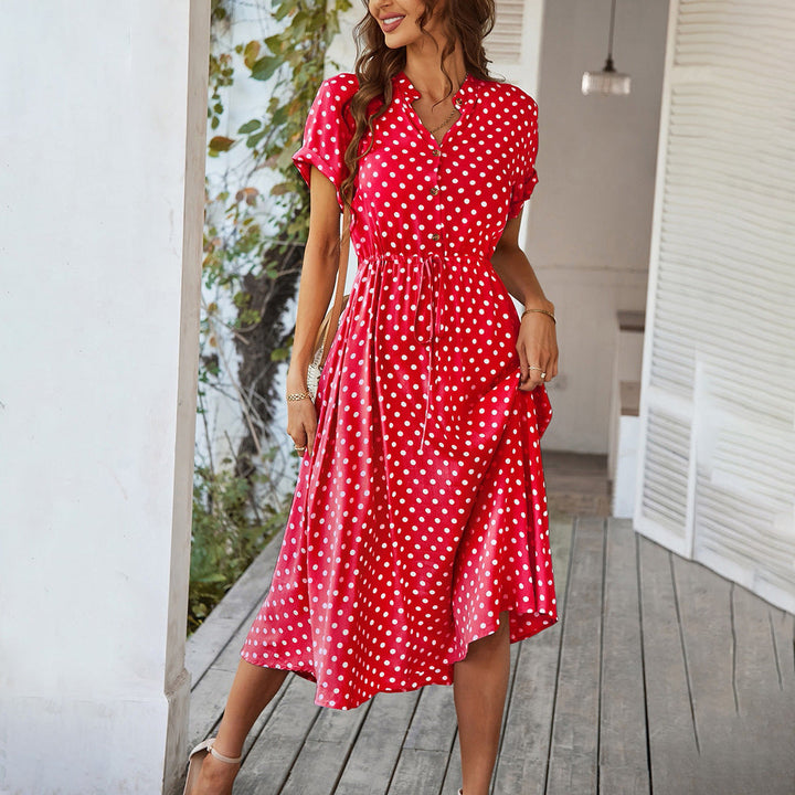 Damen Midi-Kleid mit Punkten, Knöpfen und Bindegürtel