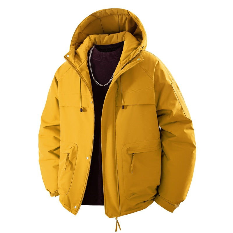 Men’s padded hooded parka with a high stand-up collar and adjustable drawstring