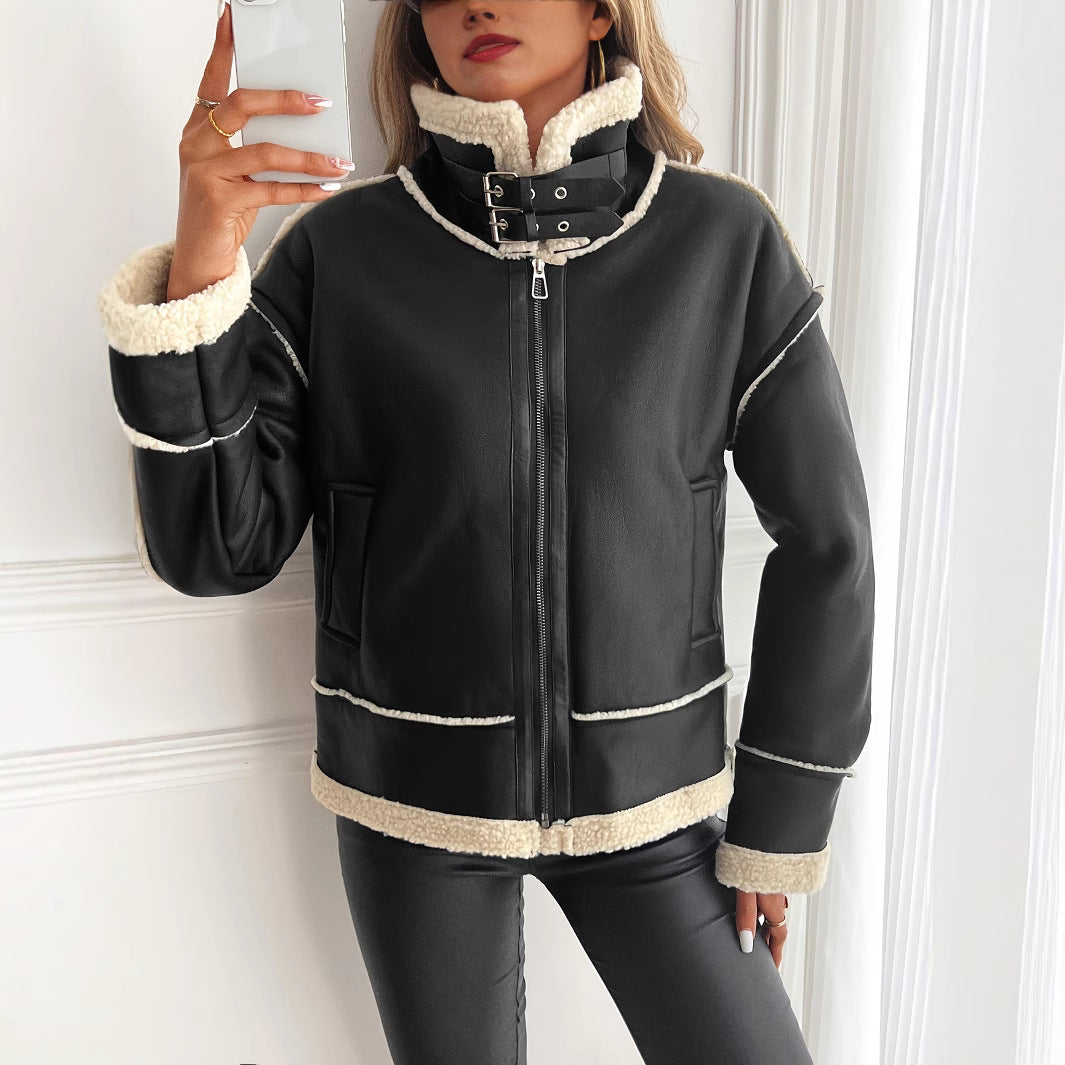 Damen Kunstlederjacke mit Teddyfutter und Reißverschluss