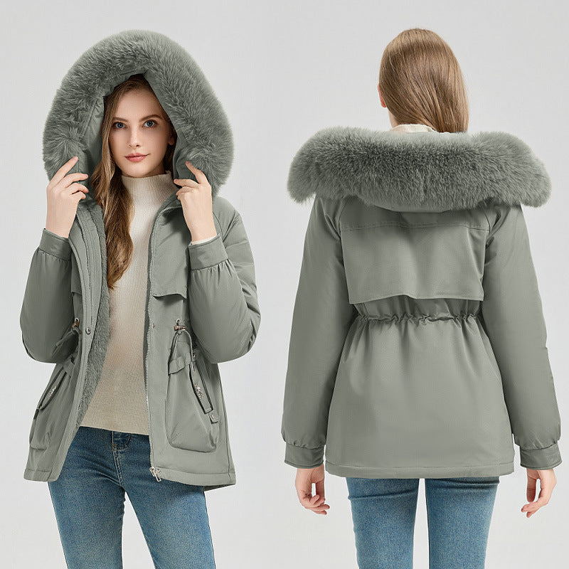 Cappotto corto da donna, sportivo e urbano, con cappuccio in pelliccia sintetica e coulisse