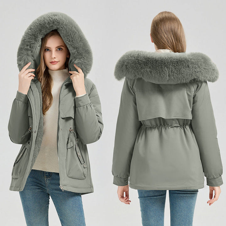Cappotto corto da donna, sportivo e urbano, con cappuccio in pelliccia sintetica e coulisse