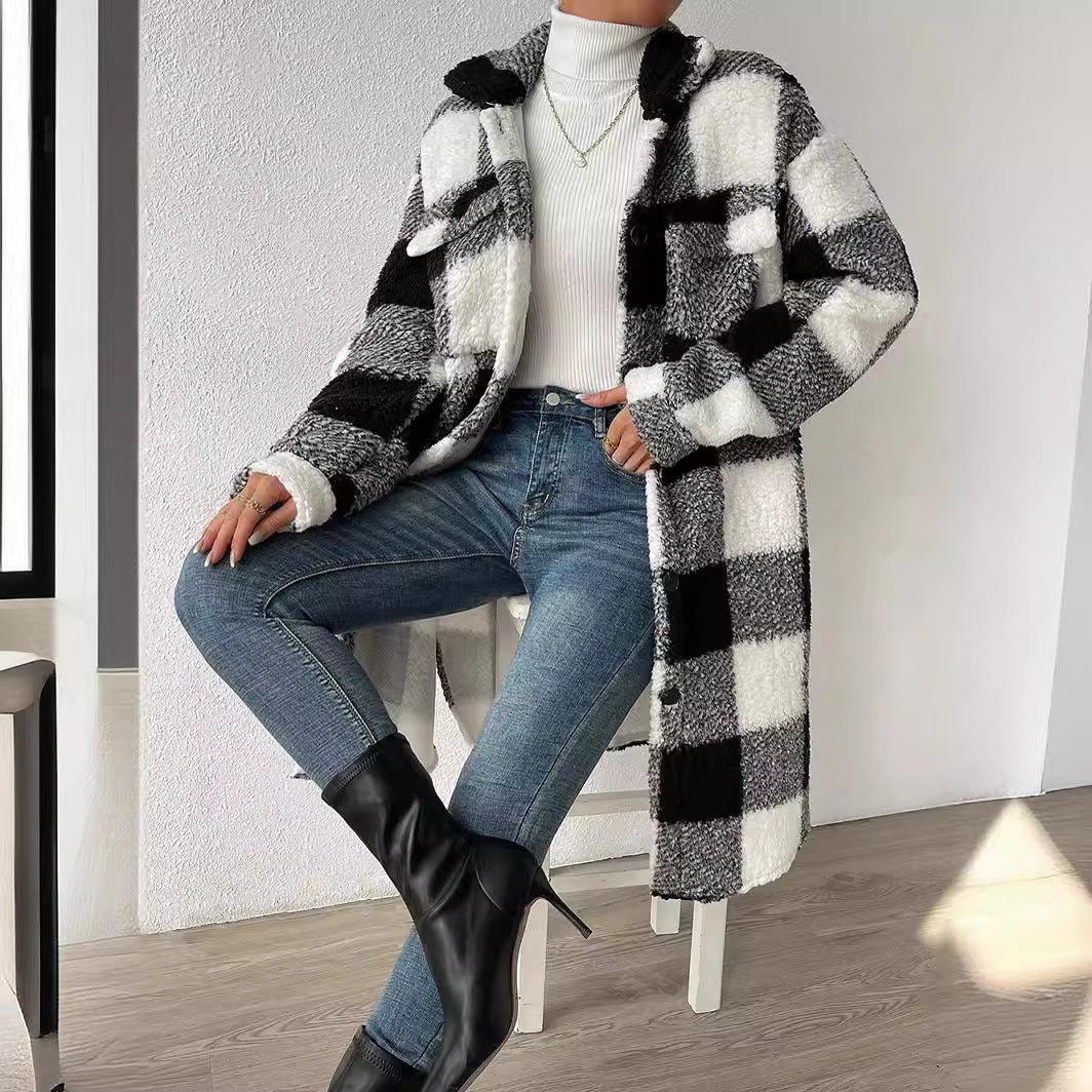 Damen Langmantel mit Karomuster und Taschen