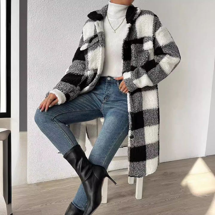 Damen Langmantel mit Karomuster und Taschen