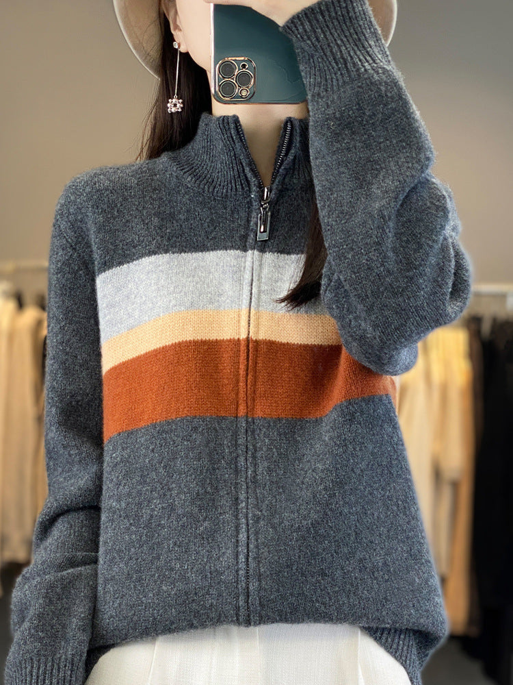 Damen Strickjacke mit Streifen und Reissverschluss
