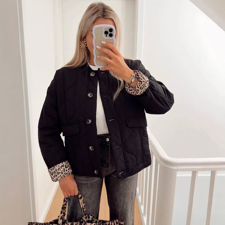 Damen Langarm Rundhalsjacke mit Knöpfen und Taschen