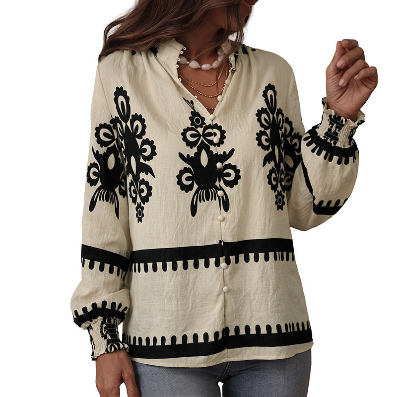 Blusa de manga comprida para senhora, com decote em V e botões