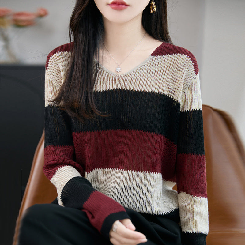 Damen Pullover mit V-Ausschnitt und Streifen