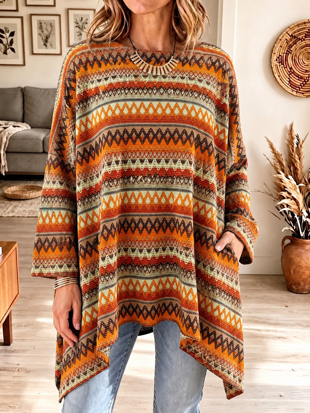 Damen Ponchopullover mit asymmetrischem Saum und Taschen
