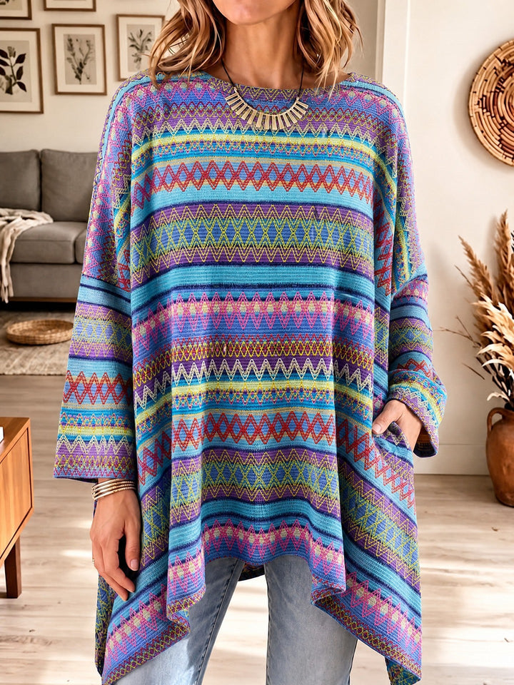 Damen Ponchopullover mit asymmetrischem Saum und Taschen