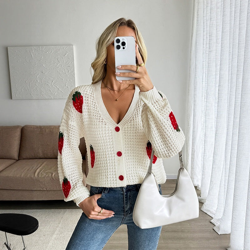 Damen Cropped Cardigan mit V-Ausschnitt und Knöpfen