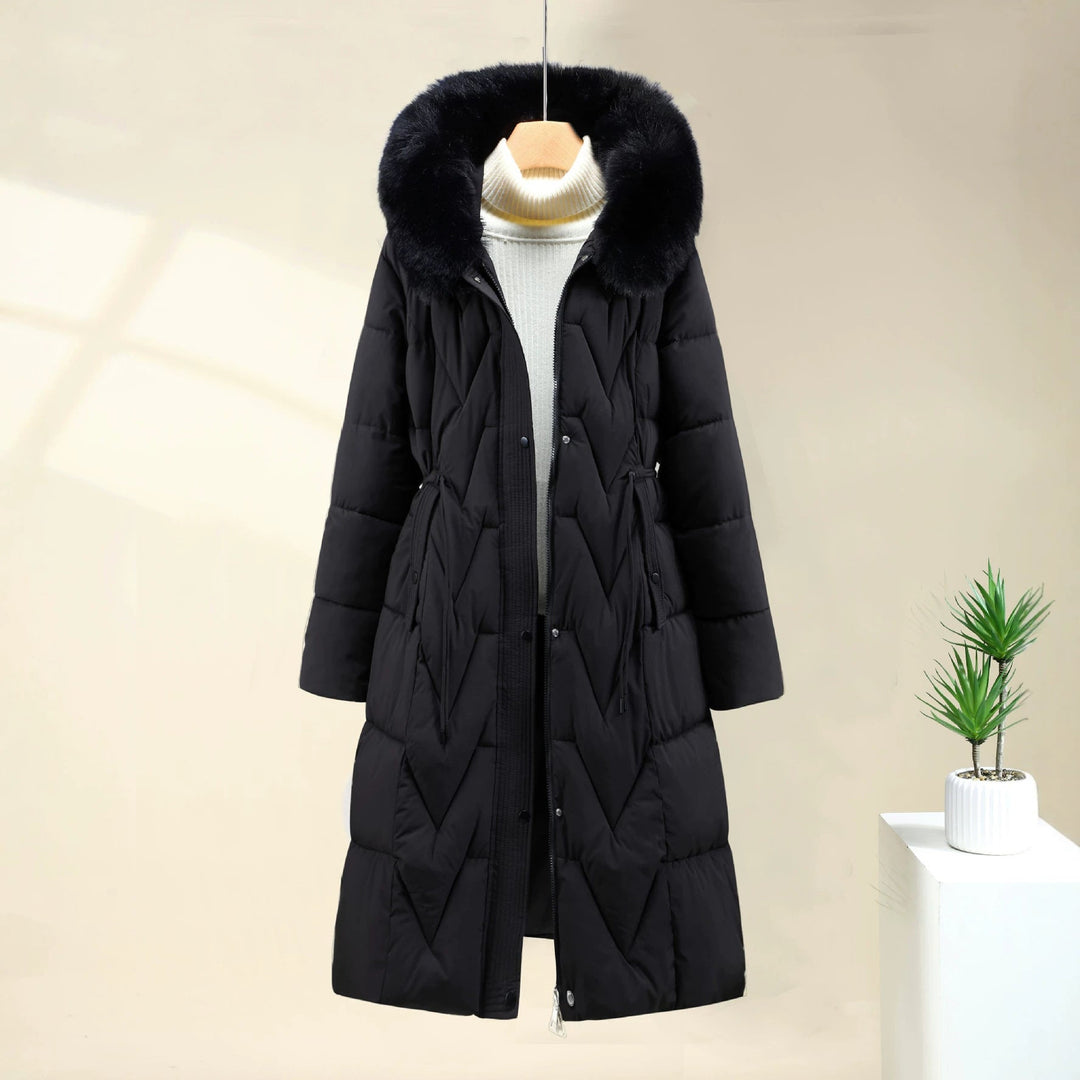 Damen langer gesteppter Parka mit Kunstfellkapuze und Kordelzug