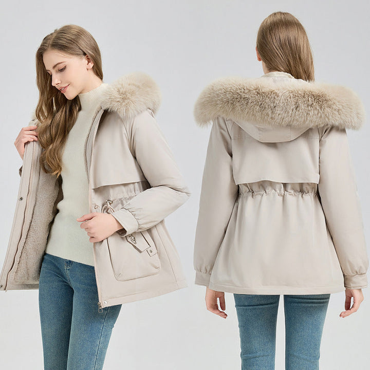 Cappotto corto da donna, sportivo e urbano, con cappuccio in pelliccia sintetica e coulisse