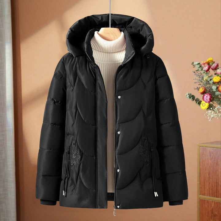Damen gesteppte Thermo-Outdoorjacke mit Kapuze und floralem Taschenstickerei