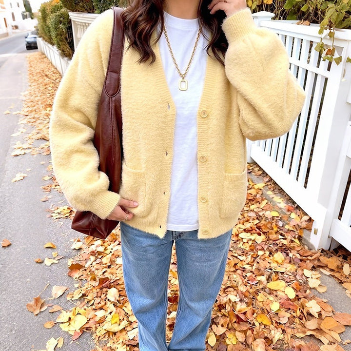 Cardigan pour femme à col en V, avec poches et boutons