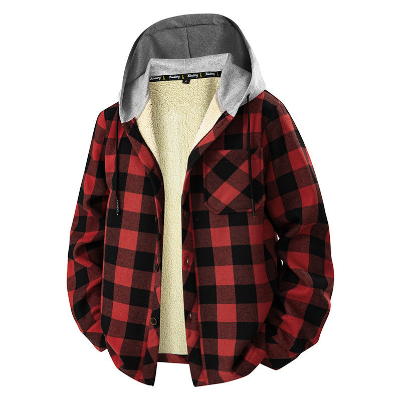 Men’s checkered overshirt with hood, chest pocket, and snap-button closure