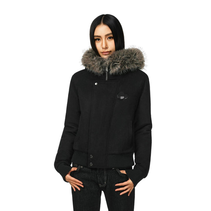 Damen kurze Bomberjacke mit voluminöser Kapuze und Daumenlochbündchen