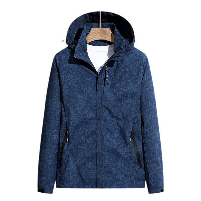 Damen leichte packbare Regen- und Windjacke mit Kapuze, Blattmuster