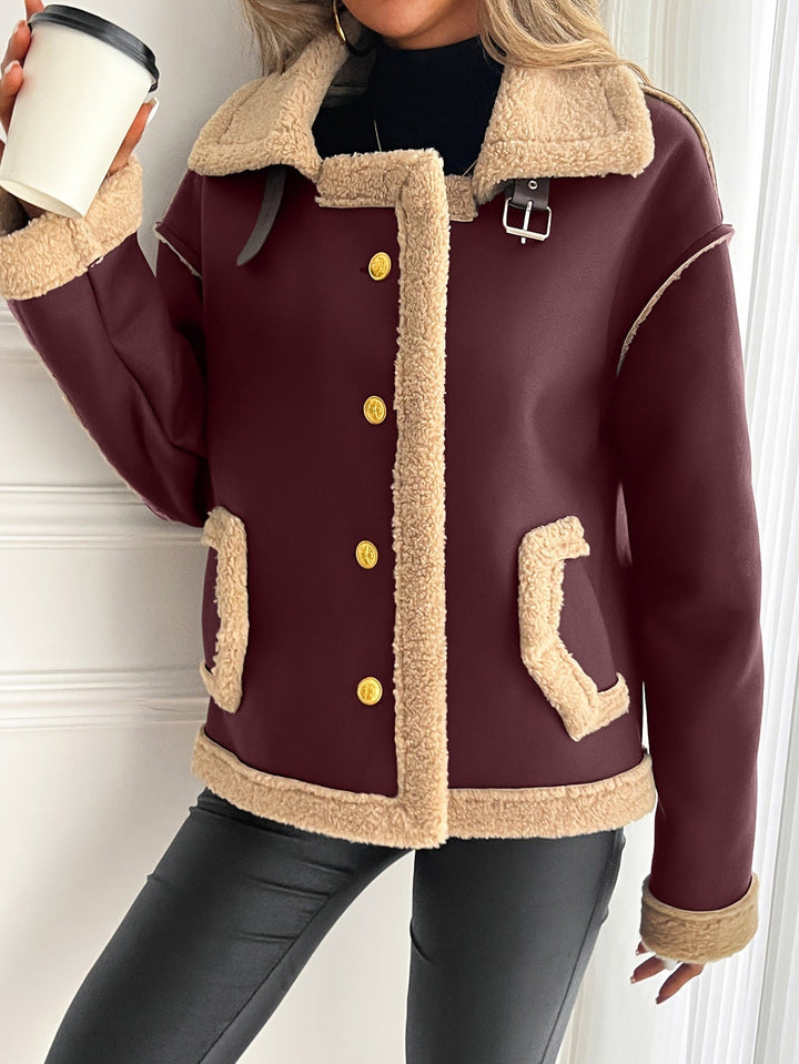 Damen Teddyfelljacke mit Knopfleiste und Seitentaschen