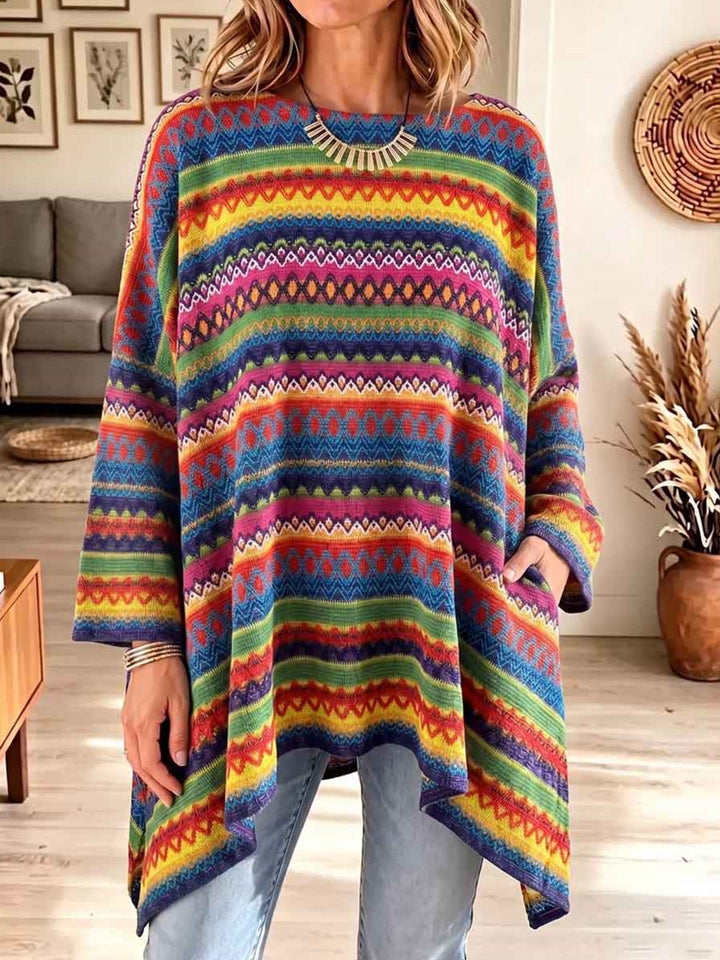 Damen Ponchopullover mit asymmetrischem Saum und Taschen