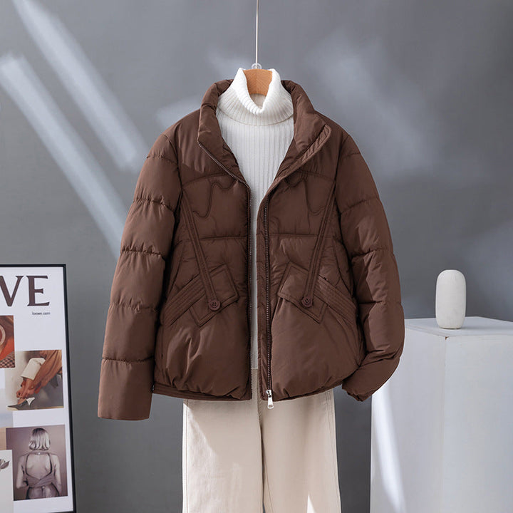 Women's short quilted blouson jacket with a high collar and flap pockets