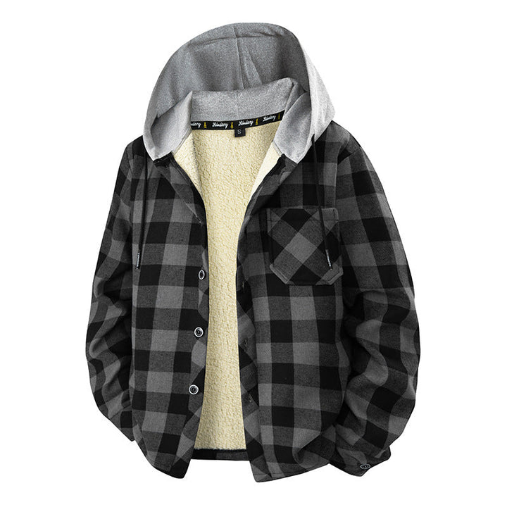 Men’s checkered overshirt with hood, chest pocket, and snap-button closure