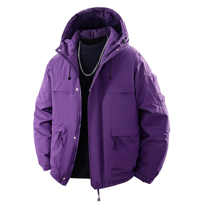 Men’s padded hooded parka with a high stand-up collar and adjustable drawstring